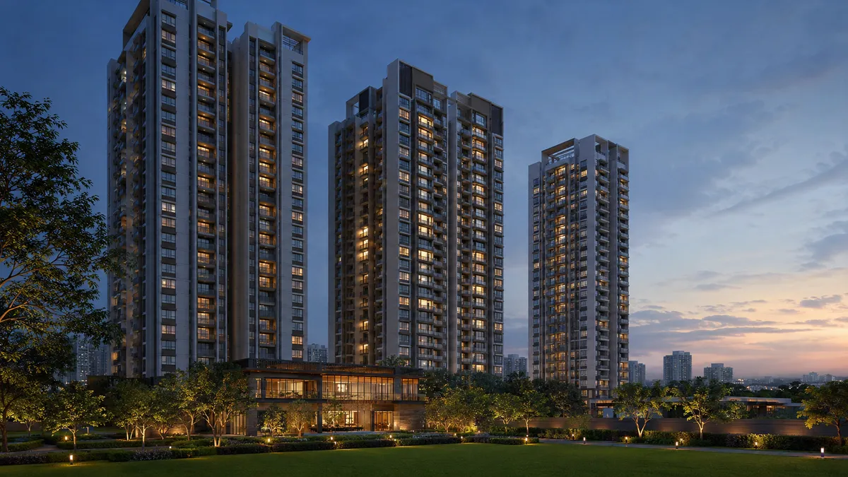 Sobha Trinity Hoskote towers at dusk with warm lighting